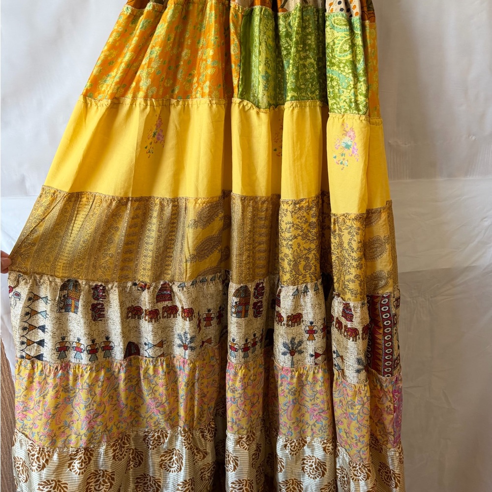 Bohemian Patchwork Maxi Dress with Smocked Bodice 100%silk - Picture 2 of 4
